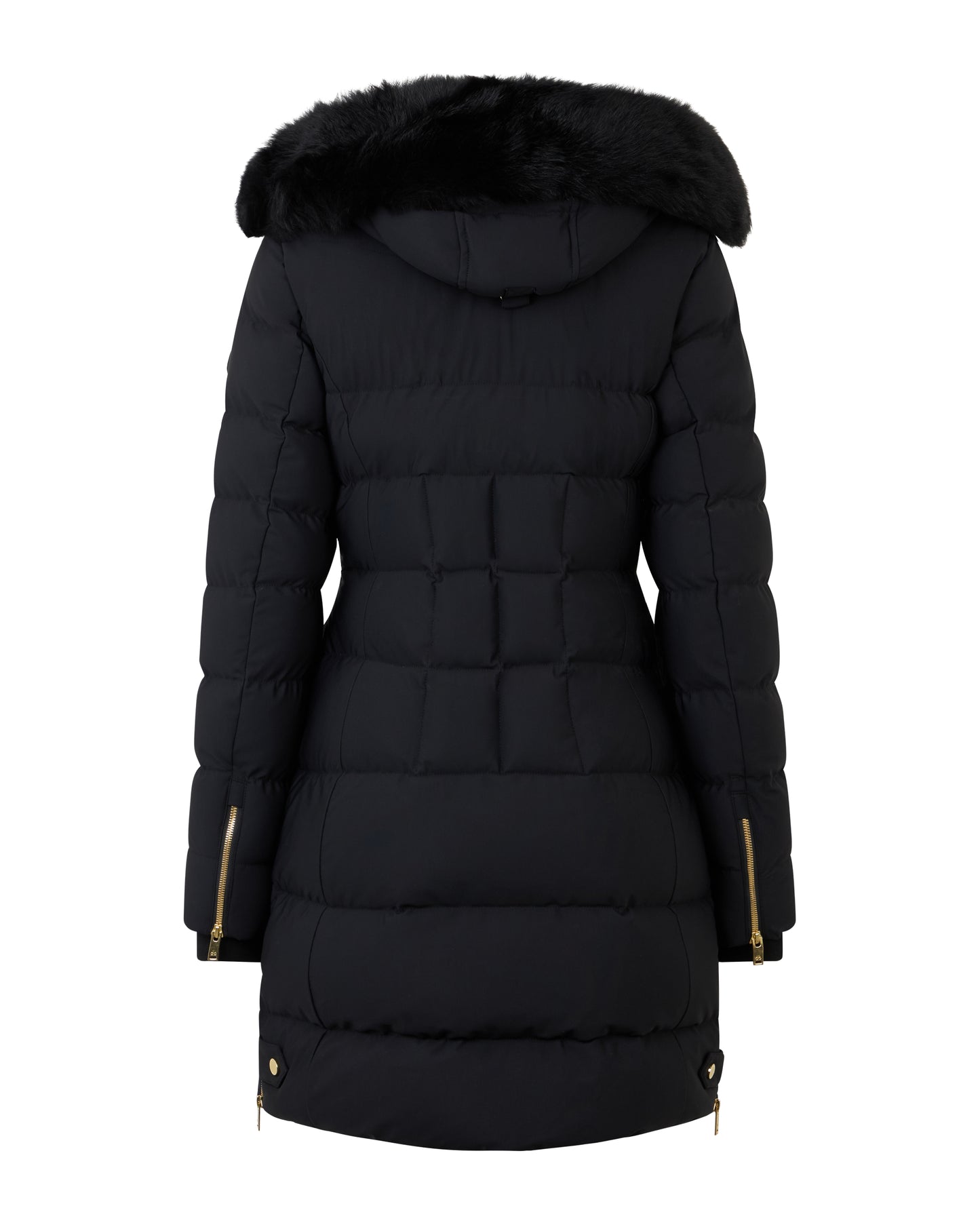 Black down coat with fur-trimmed hood and gold zipper accents.