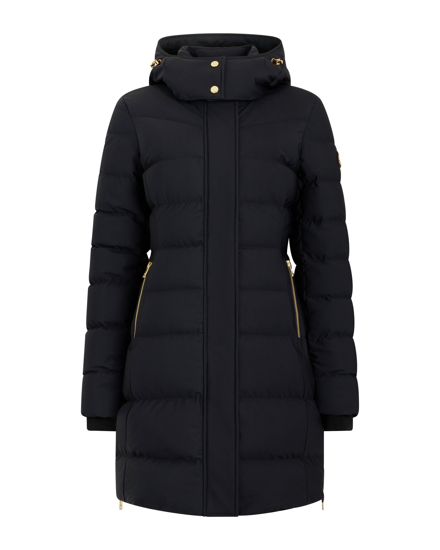 Long black puffer coat with gold zippers and buttons.