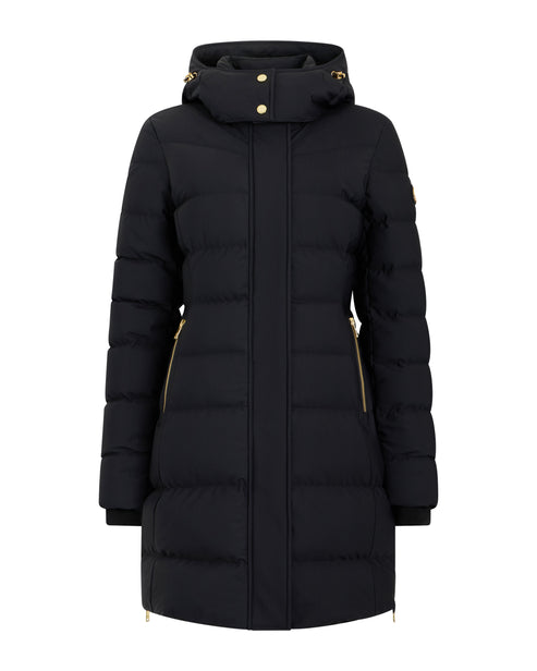 Long black puffer coat with gold zippers and buttons.