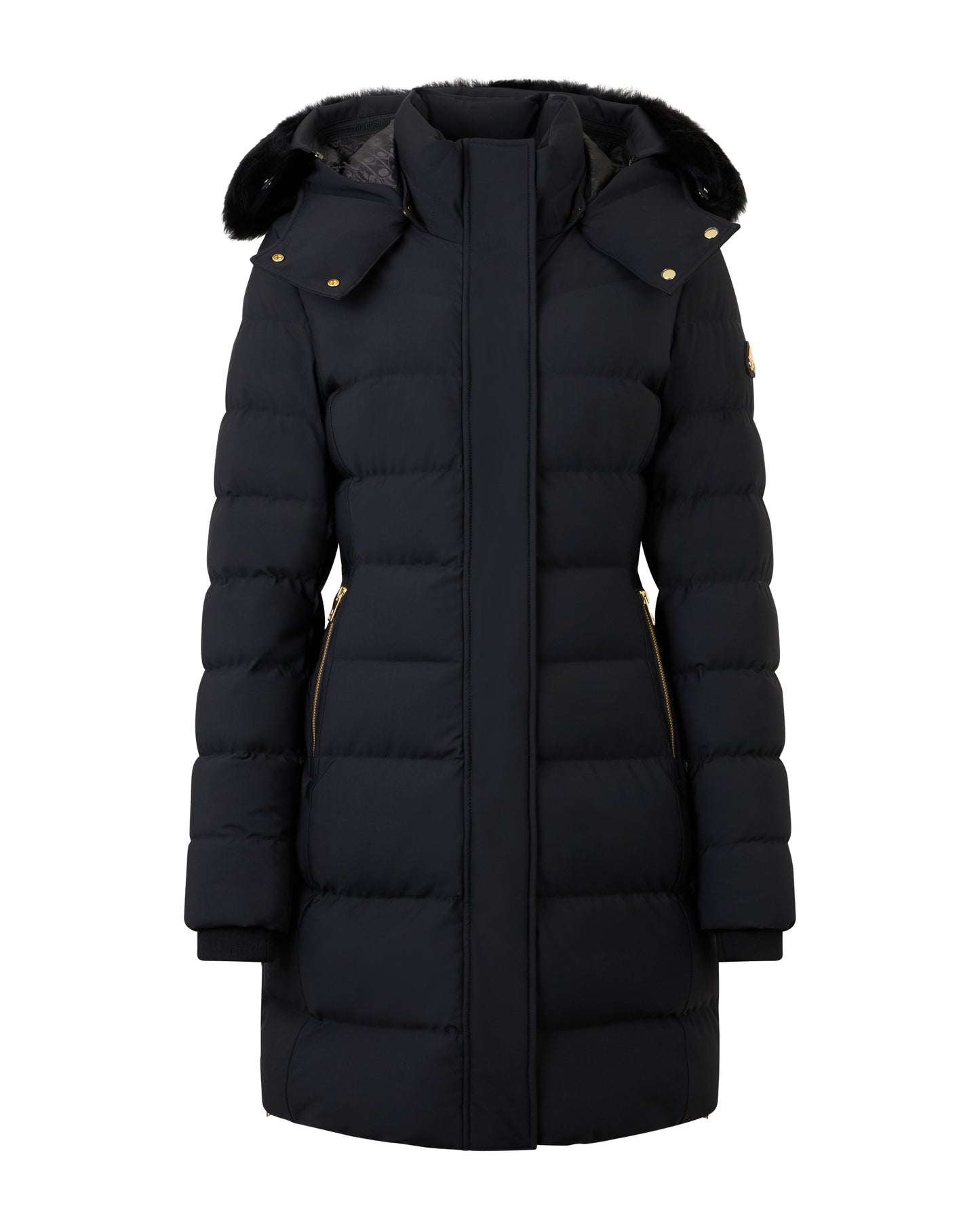 Black, knee-length, quilted puffer coat with fur-trimmed hood and zipper side pockets.