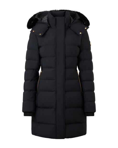 Black, knee-length, quilted puffer coat with fur-trimmed hood and zipper side pockets.