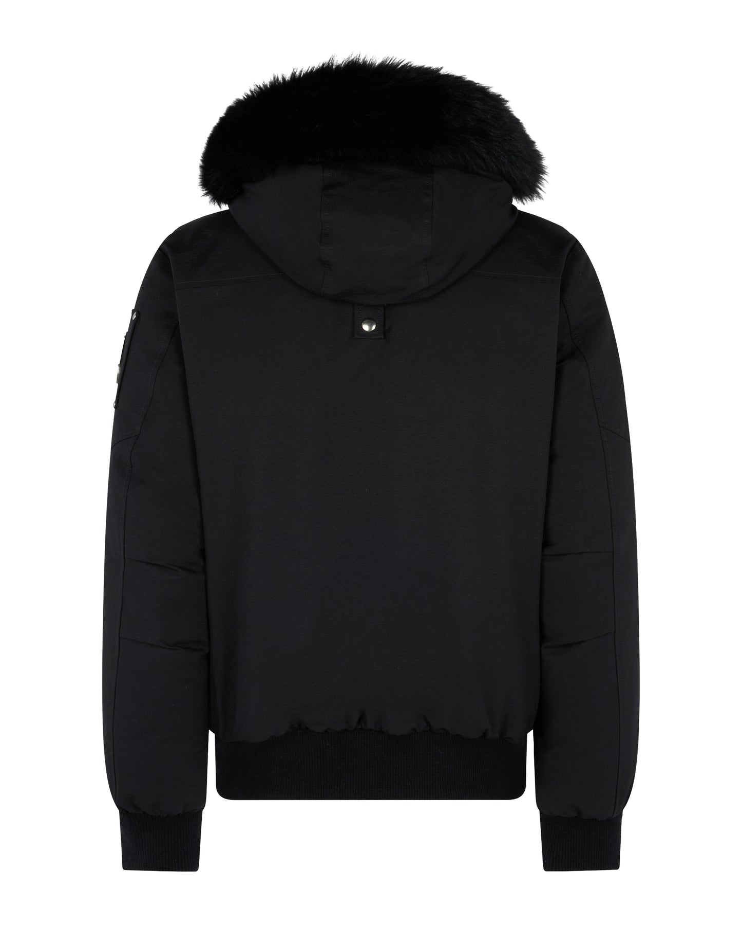 Black hooded bomber jacket with a fur-lined hood.