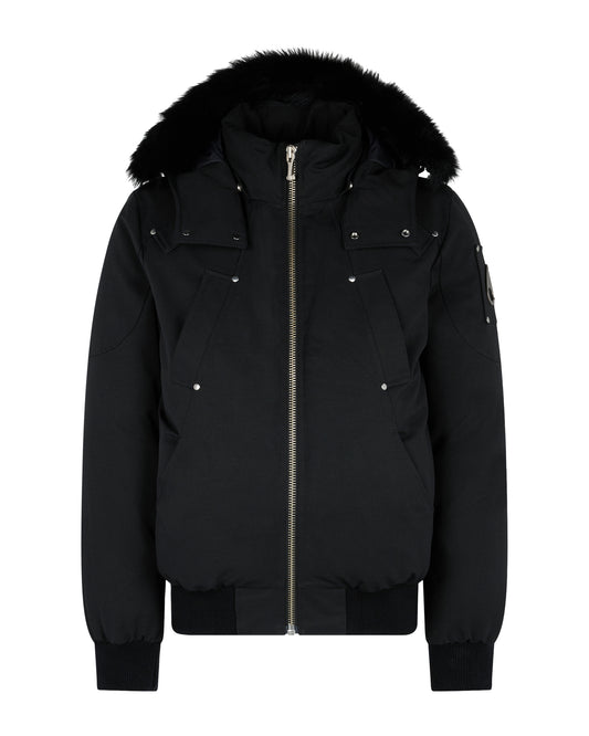 Black bomber jacket with fur-lined hood, zip front, and ribbed cuffs and hem.