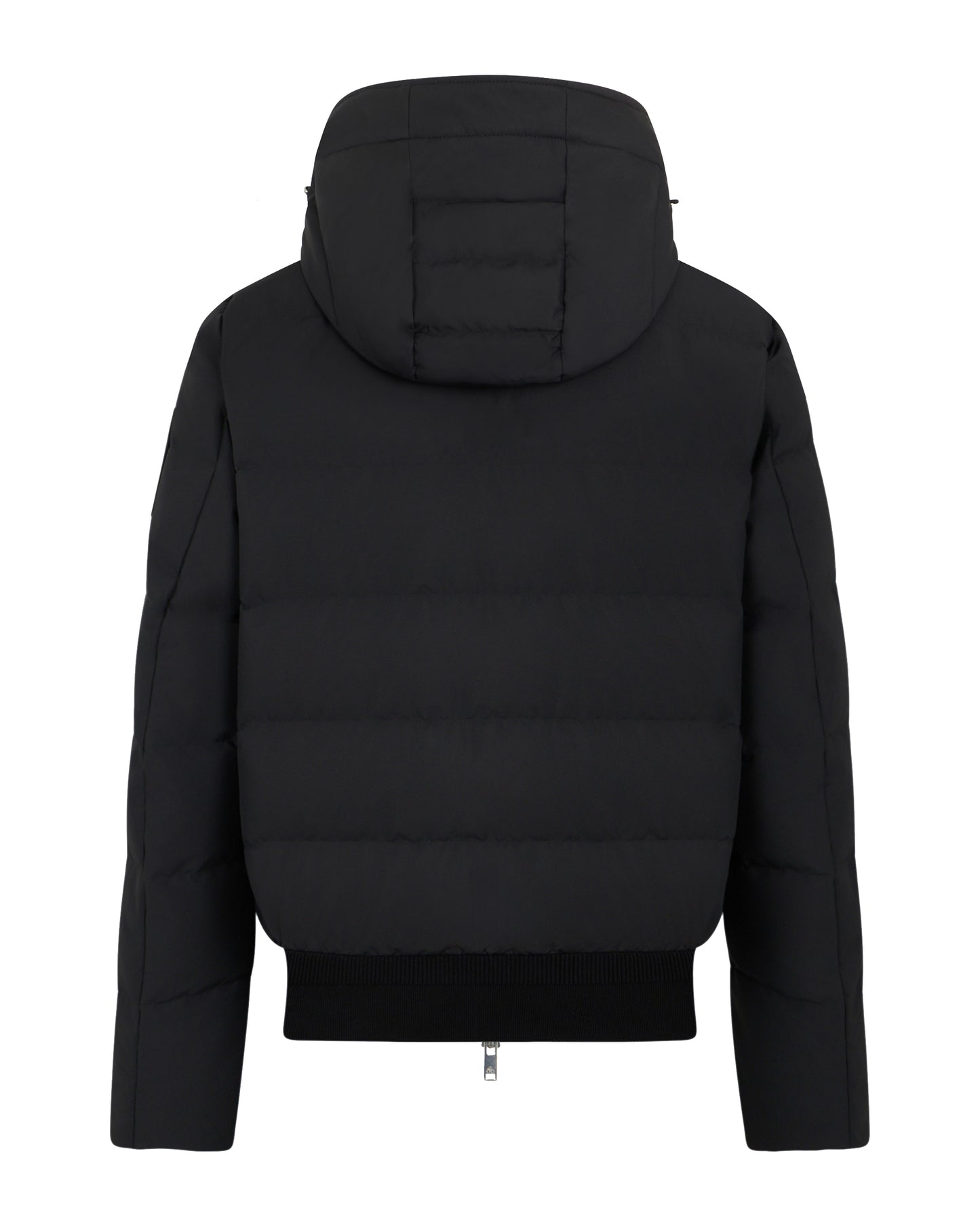 Back view of a hooded, black, puffer jacket with ribbed hem.