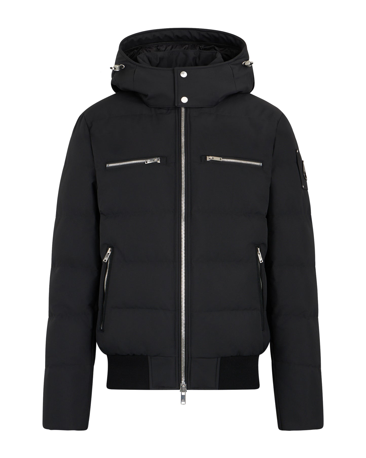 Black puffer jacket with zippered pockets, a hood, and ribbed cuffs and hem.