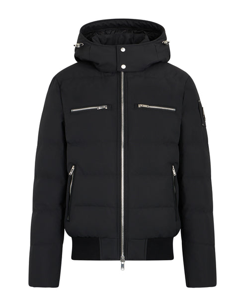 Black puffer jacket with zippered pockets, a hood, and ribbed cuffs and hem.