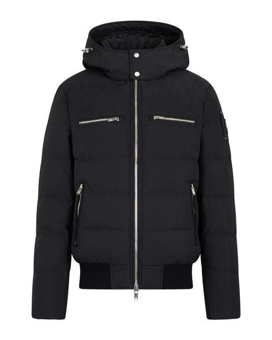 Black puffer jacket with zippered pockets, a hood, and ribbed cuffs and hem.