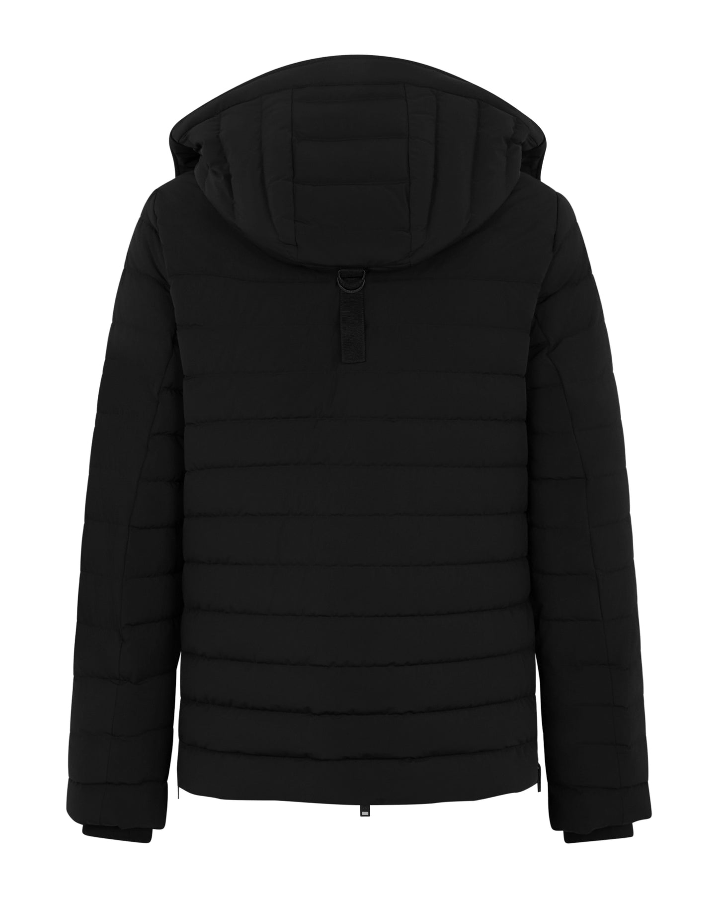 Back view of a black hooded puffer jacket.