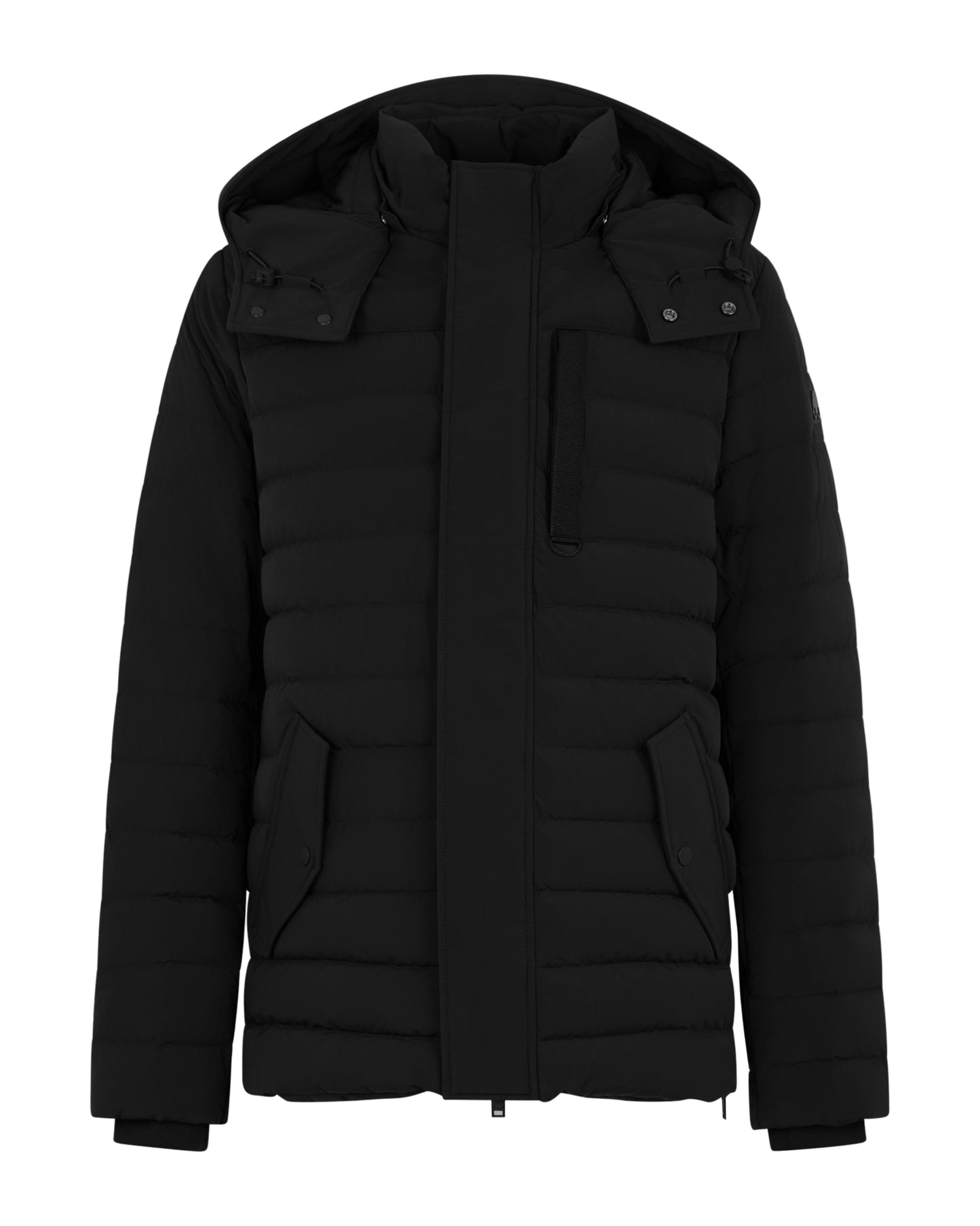 Black padded jacket with a hood, chest pockets, and hip pockets.
