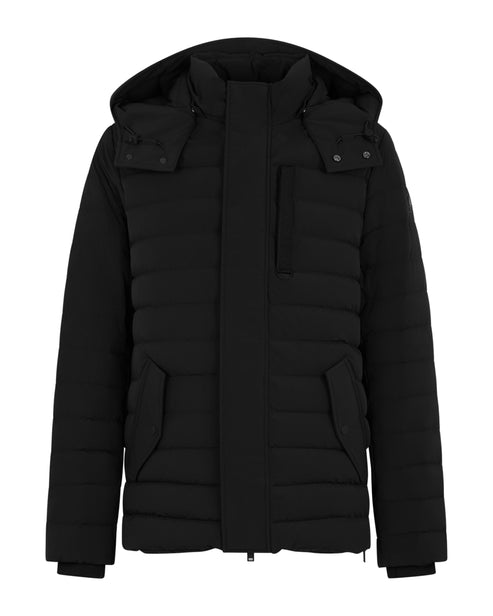 Black padded jacket with a hood, chest pockets, and hip pockets.