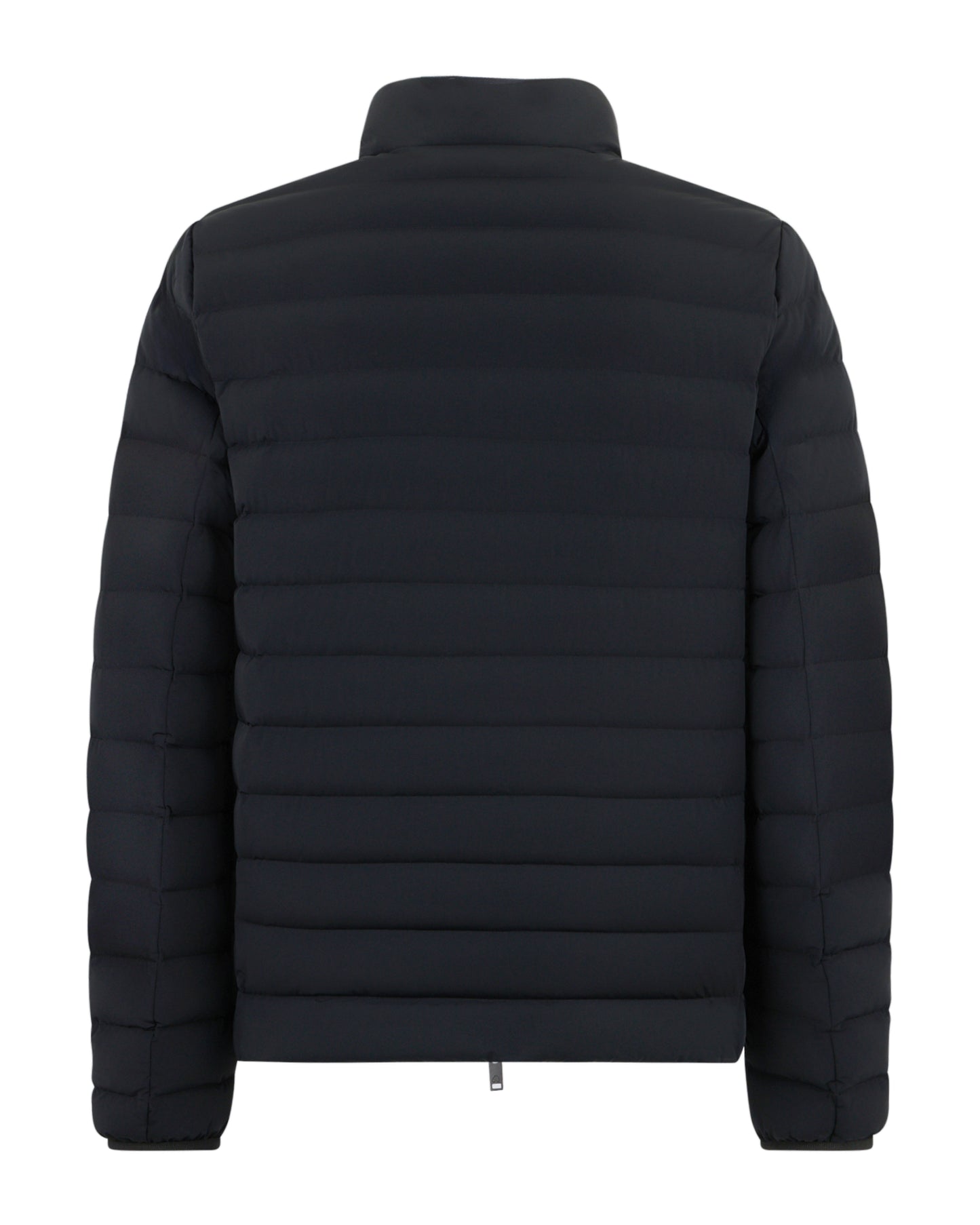 Black puffer jacket with a stand-up collar and horizontal quilting.