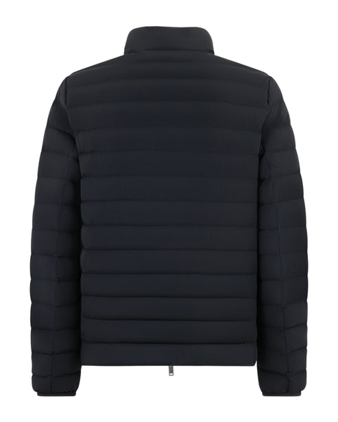 Black puffer jacket with a stand-up collar and horizontal quilting.