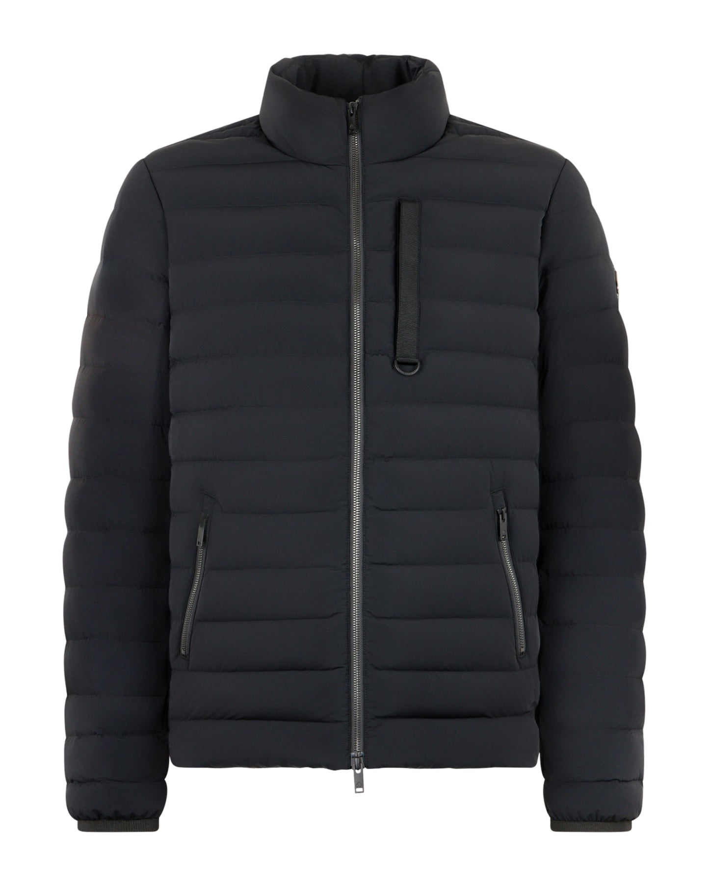 Black quilted puffer jacket with zipper closure and stand-up collar.