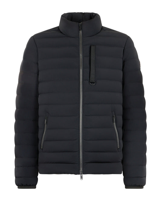 Black quilted puffer jacket with zipper closure and stand-up collar.