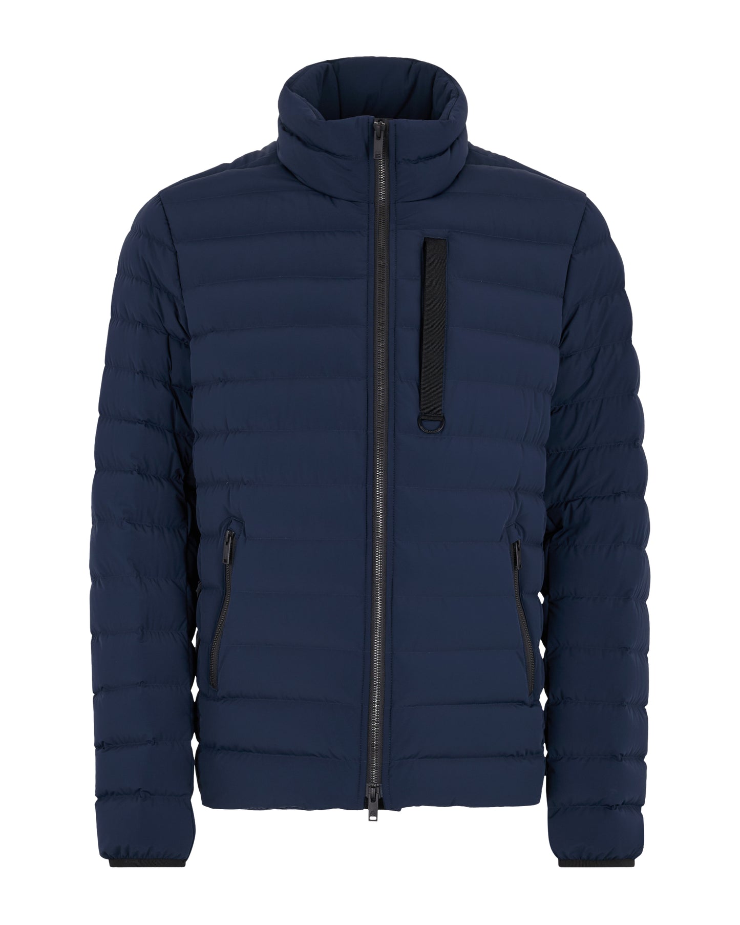 Navy blue puffer jacket with a front zipper.