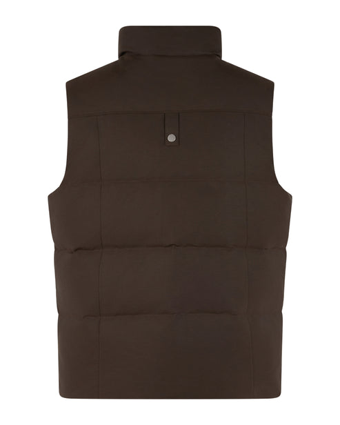 Back view of a sleeveless, brown, quilted vest with a high collar and a snap closure.