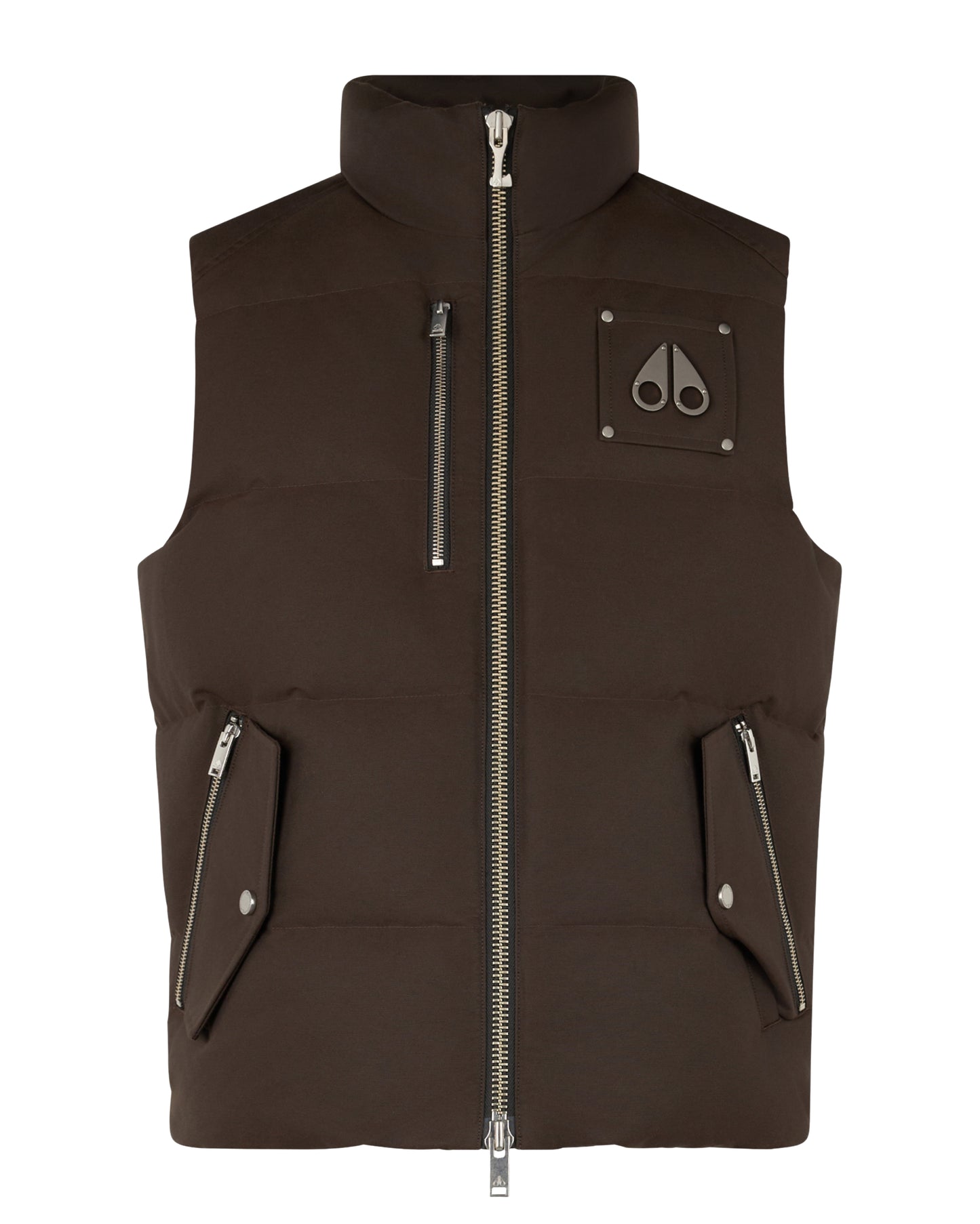 A brown puffer vest with zippered pockets and a logo patch.