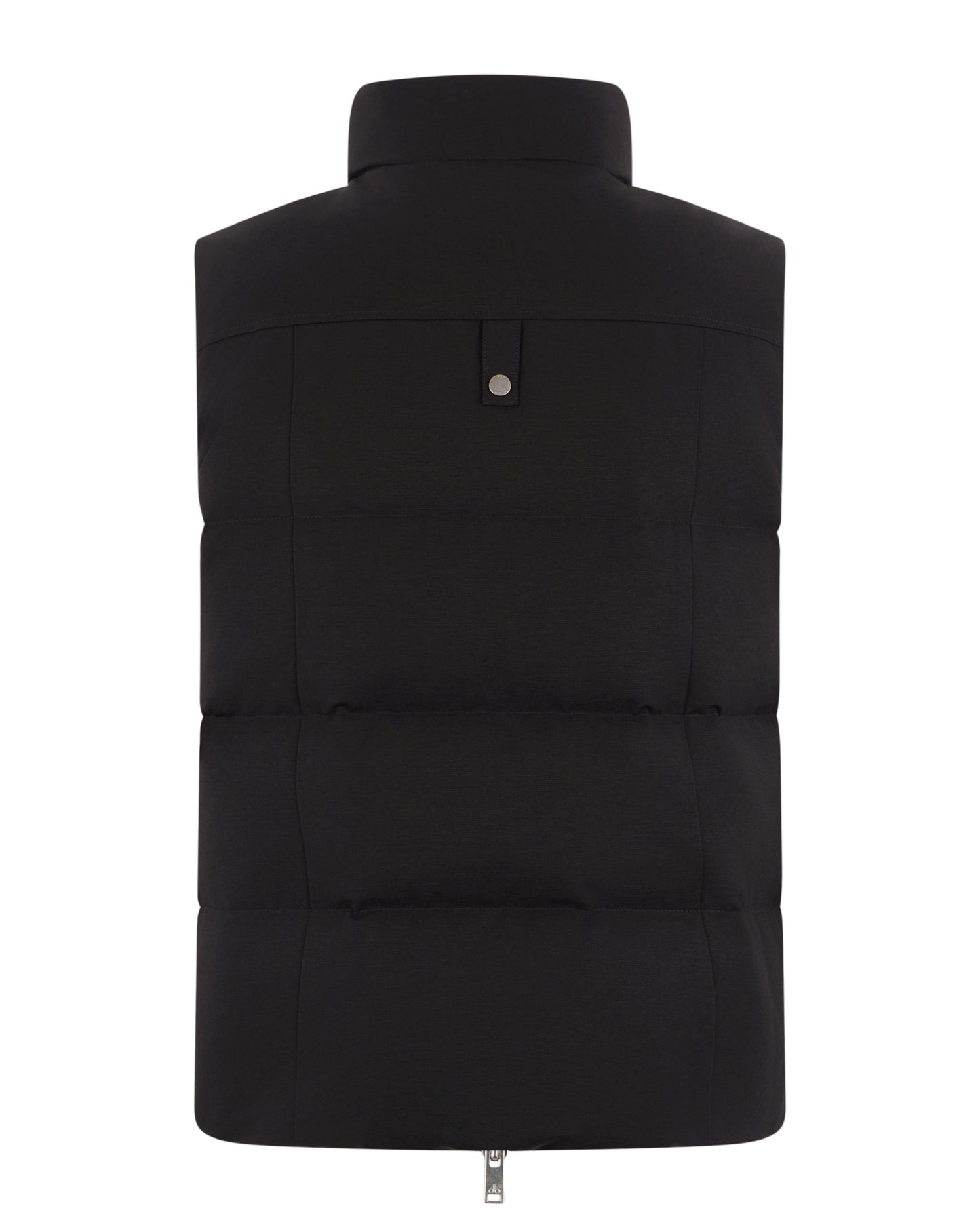 Sleeveless black puffer vest with stand collar and zipper.