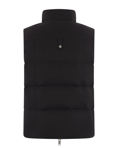 Sleeveless black puffer vest with stand collar and zipper.