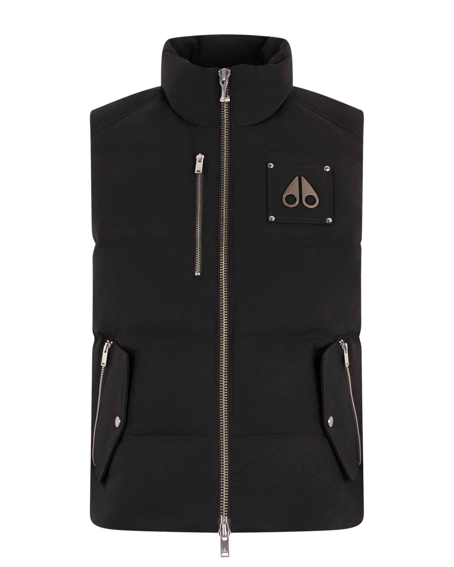 Black down vest with a full zipper, two zippered chest pockets, two zippered waist pockets, and a moose logo patch on the chest.