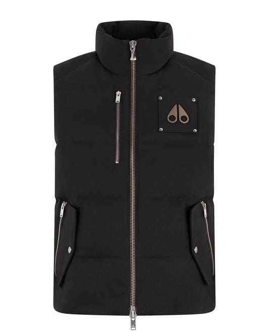 Black down vest with a full zipper, two zippered chest pockets, two zippered waist pockets, and a moose logo patch on the chest.