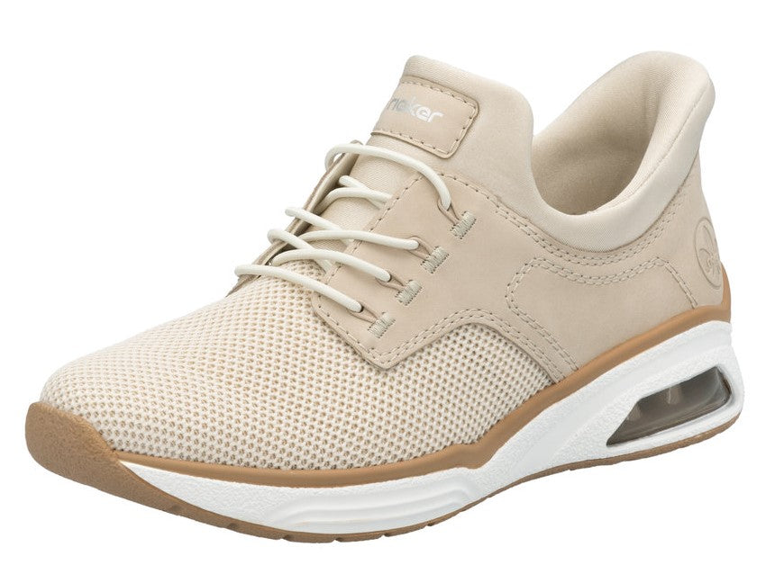 Tan casual shoe with laces and a white sole.