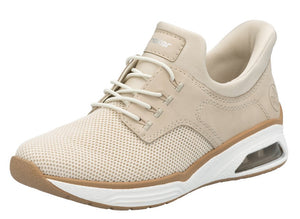 Tan casual shoe with laces and a white sole.