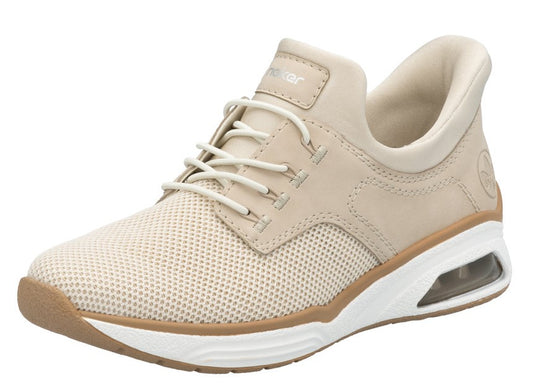 Tan casual shoe with laces and a white sole.