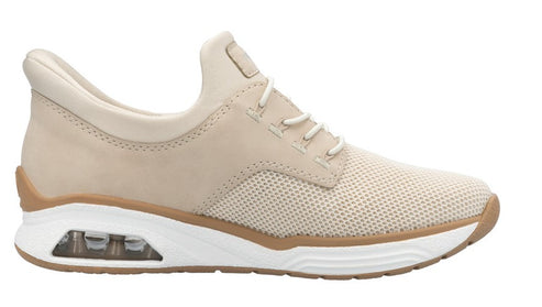 Tan sneaker with mesh toe and white sole with visible air cushioning.