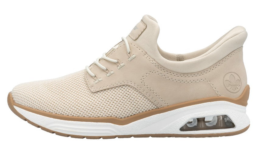 Beige mesh running shoe with light beige trim, white midsole, and brown outsole.