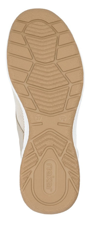 Tan shoe sole with tread and brand text.