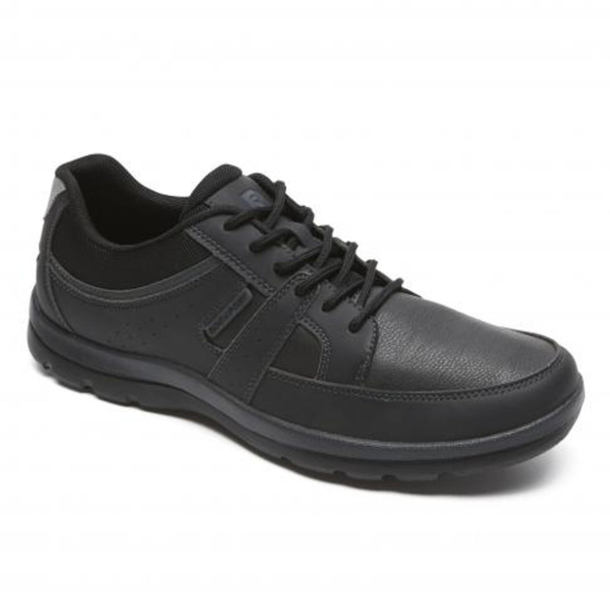 Black leather walking shoe with black laces.