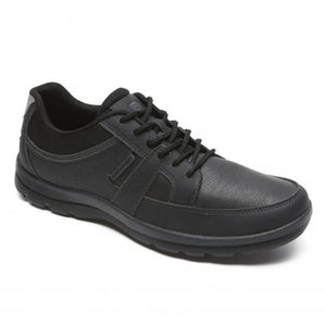 Black leather walking shoe with black laces.