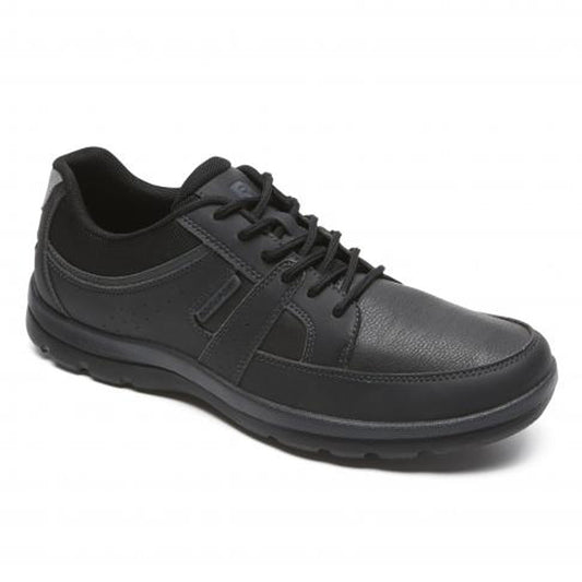 Black leather walking shoe with black laces.