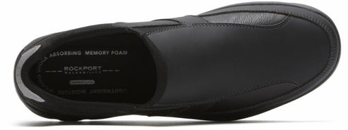 Black slip-on shoe with SHOCK ABSORBING MEMORY FOAM, ROCKPORT text on insole.
