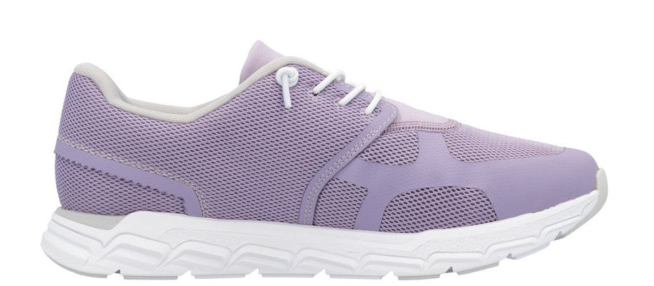 Lavender sneaker with white soles and laces.