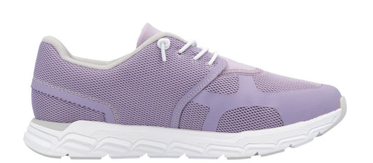 Lavender sneaker with white soles and laces.