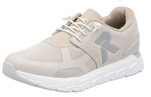 Beige sneaker with mesh upper, off-white laces, and white textured sole.