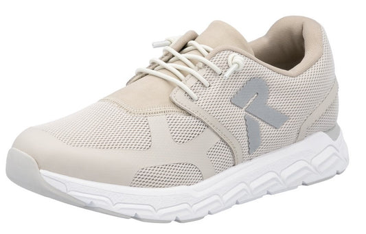 Beige sneaker with mesh upper, off-white laces, and white textured sole.