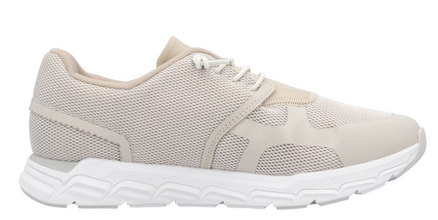 A light tan mesh sneaker with white soles and laces.