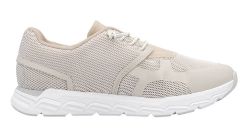 A light tan mesh sneaker with white soles and laces.