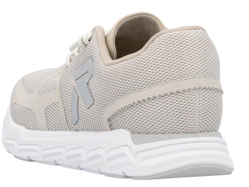 Beige mesh sneaker with white sole.