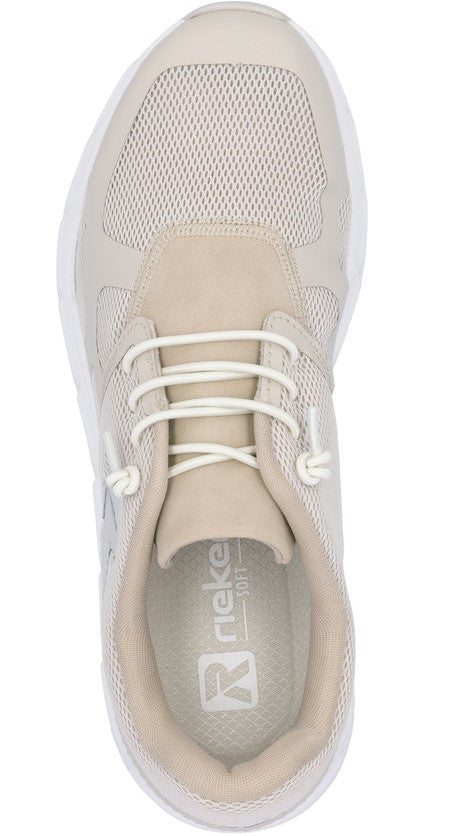 Top-down view of a neutral-toned sneaker featuring a mesh upper, suede accents, and white laces. The insole displays a logo with the letter 'R'.