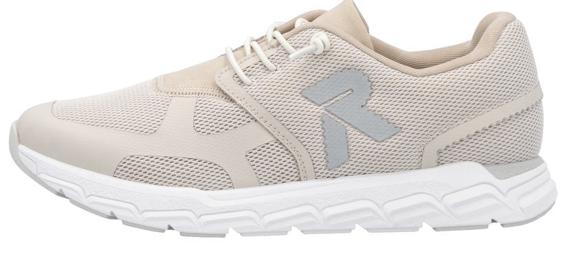 A beige sneaker with white sole, laces and the letter "R" on its side.