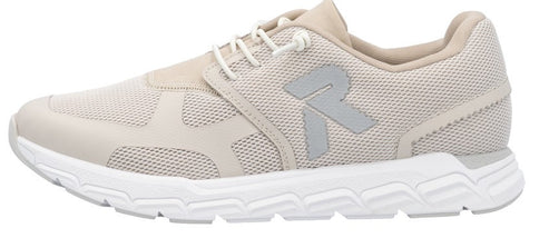A beige sneaker with white sole, laces and the letter "R" on its side.