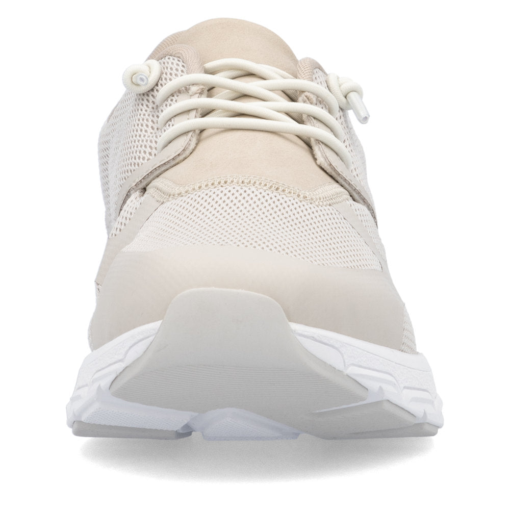 Beige sneaker with mesh and thick white sole.