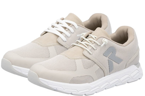 Pair of tan mesh running shoes with white laces and soles.