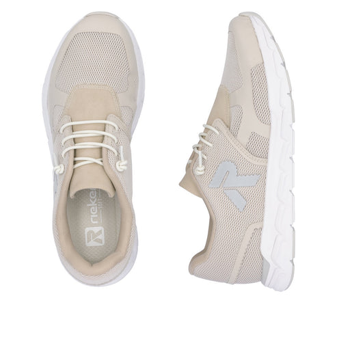 Two beige sneakers with white soles and laces; one is seen from above while the other is viewed from the side. One shoe has a large R visible.