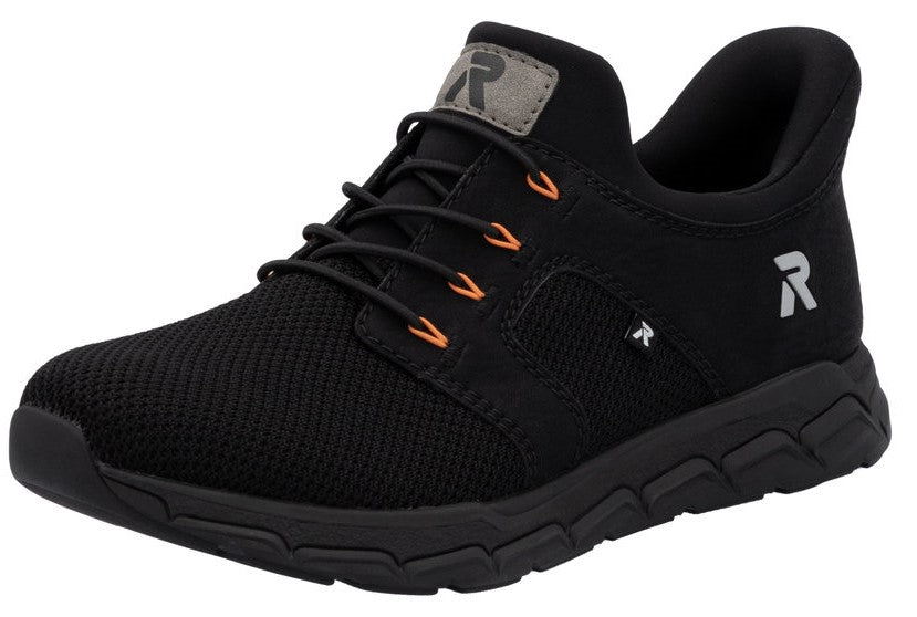 Black athletic shoe with visible logo 'R', black laces, and orange lace loops.