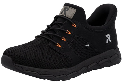 Black athletic shoe with visible logo 'R', black laces, and orange lace loops.
